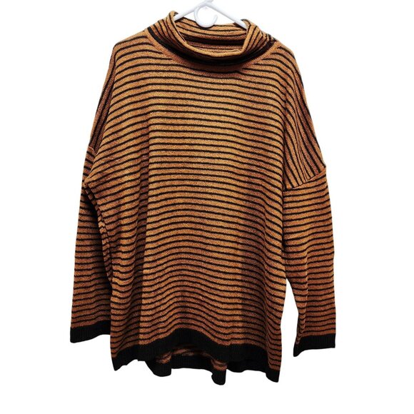 Striped Turtleneck Oversized Knit Sweater Warm Amber Black Horizontal paten 2XL - Picture 1 of 6